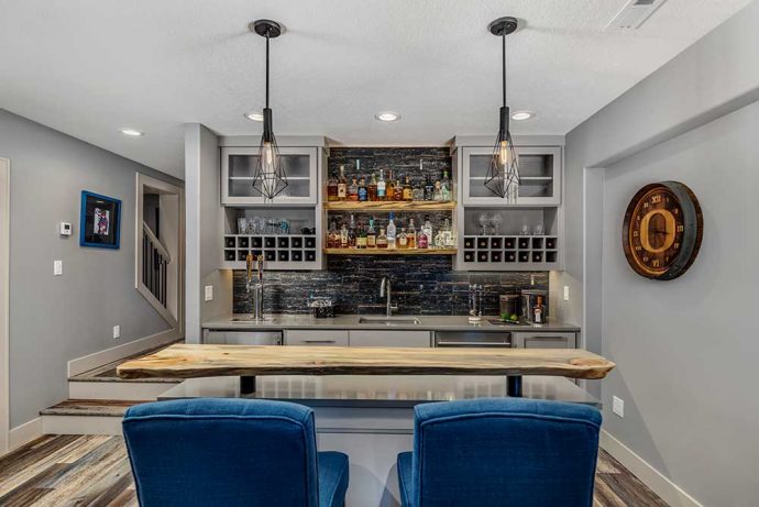 Beaverton Basement Bar with High-Top Chairs and Wooden Bar Counter