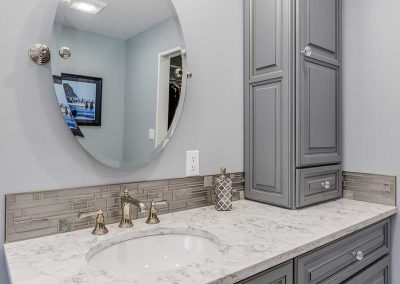 Portland Bathroom Remodel with Classical Vanity Features and Gold and Blue Gray Color Scheme