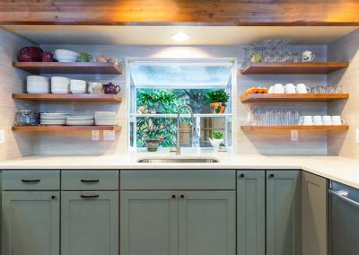 Kitchen Remodel with Open Shelving White Countertops and Cyan Cabinets