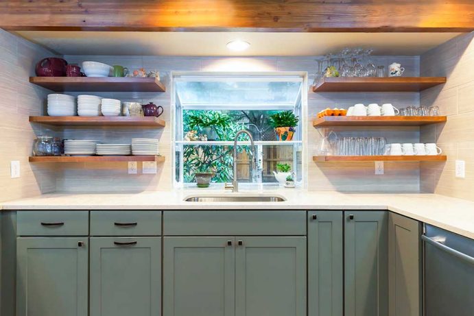 Kitchen Remodel with Open Shelving White Countertops and Cyan Cabinets