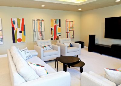 Modern Basement Remodel with Abstract Art Couches and TV
