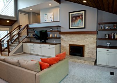 Living Room Remodel with High Ceilings Fireplace and Transitional Design